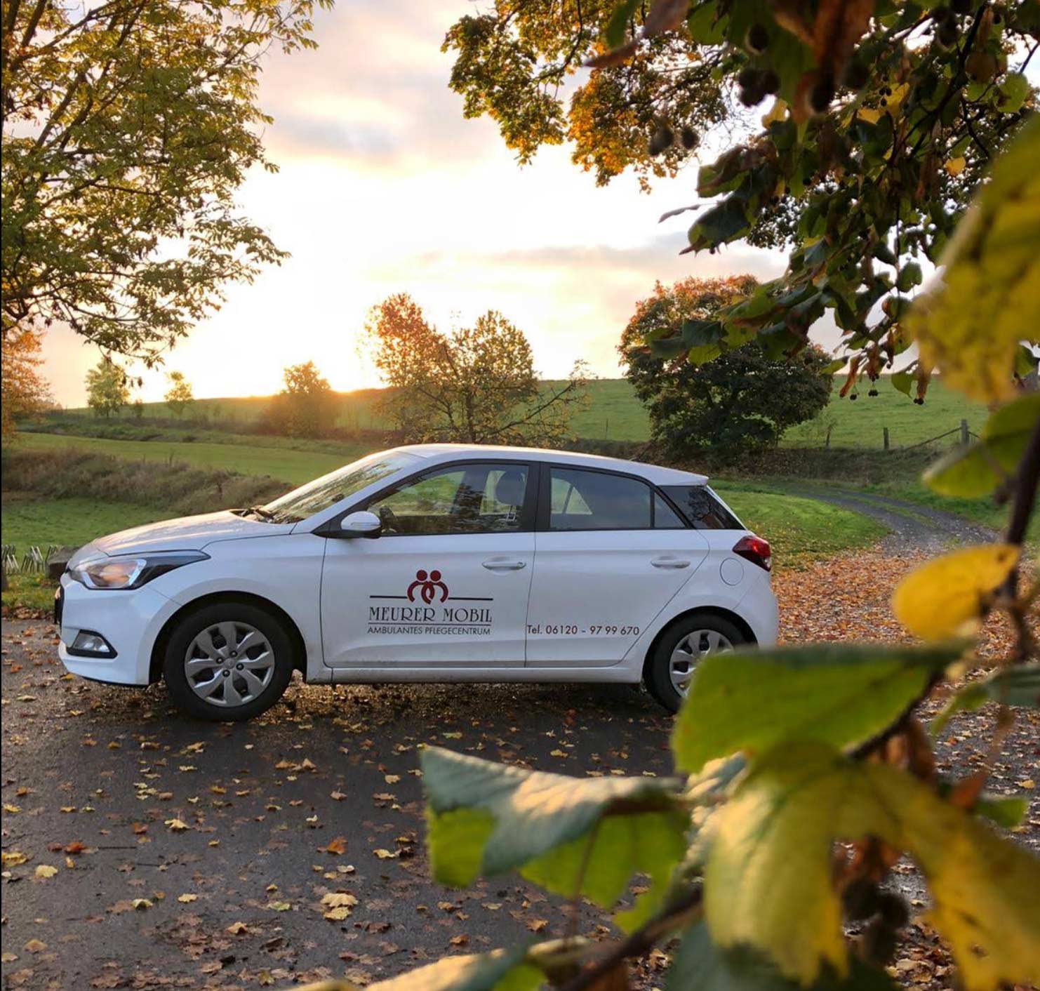 Meurer Mobil Pflegedienst Fahrzeug in herbstlicher Landschaft